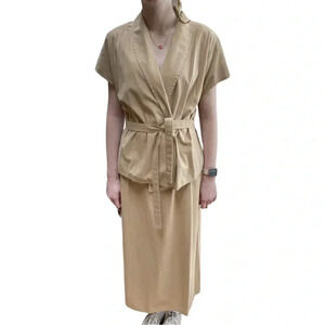 Vintage 50s tan suede like short sleeve blouse and skirt set